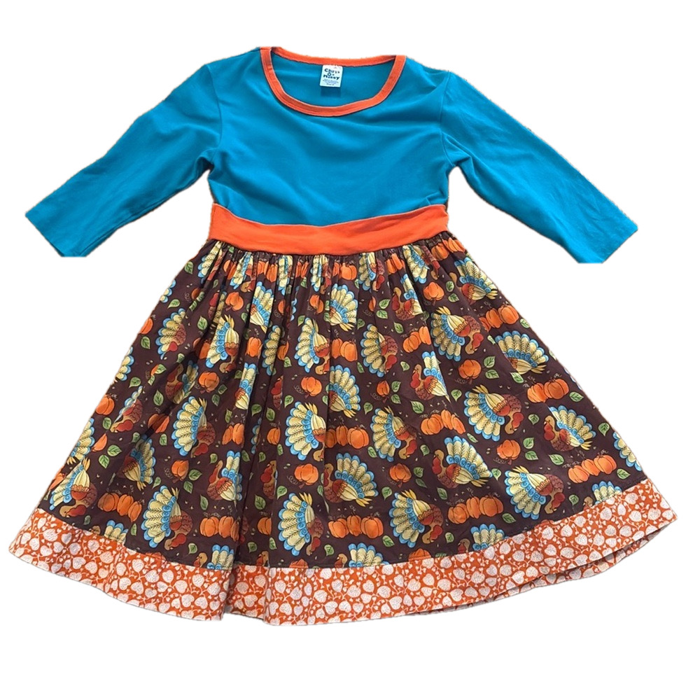 Chris N Missy Dress Turkey Pumpkin Print Blue Brown 8